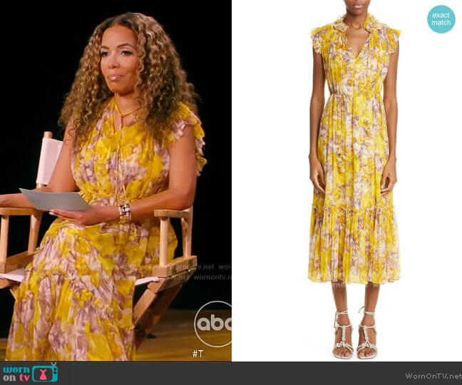 Zimmermann Flutter belted ruffled floral-print silk-crepon midi dress worn by Sunny Hostin on The View