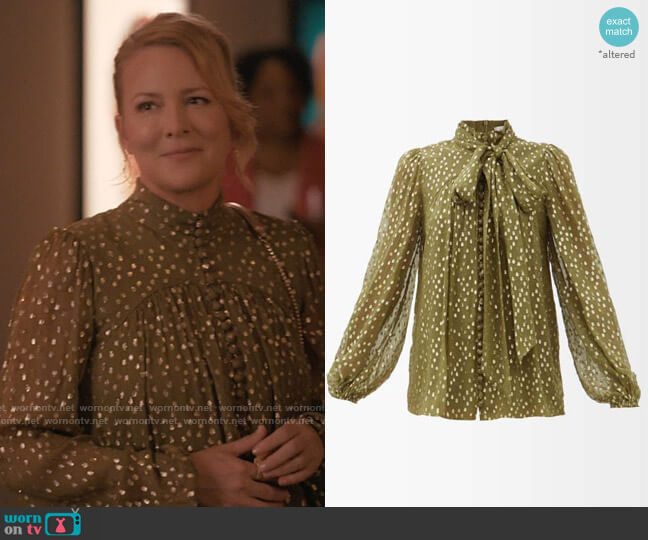 Zimmermann Pussy-bow Metallic Fil Coupé Blouse worn by Tina Kennard (Laurel Holloman) on The L Word Generation Q