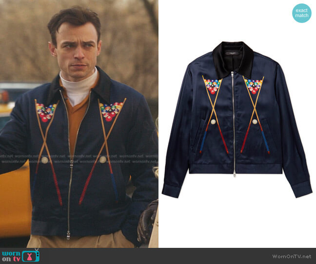 Amiri Billiards Printed Satin Jacket worn by Maximus Wolfe (Thomas Doherty) on Gossip Girl