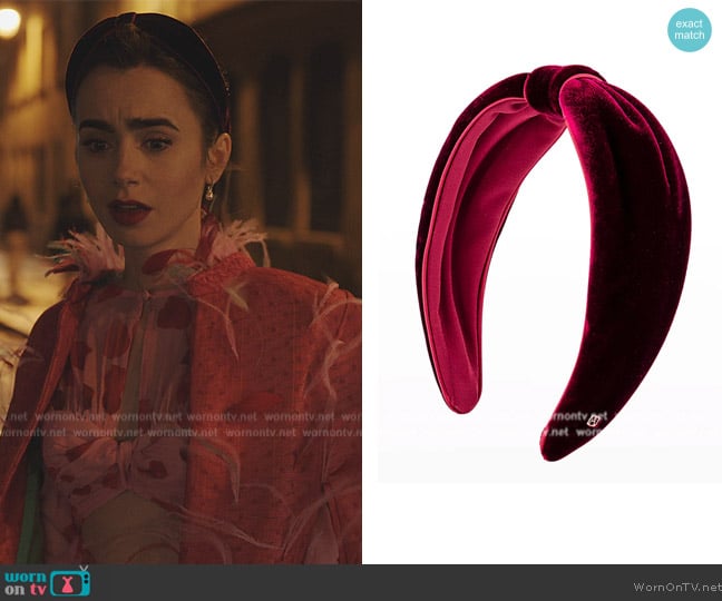 Alexandre De Paris Knot Velvet Headband worn by Emily Cooper (Lily Collins) on Emily in Paris