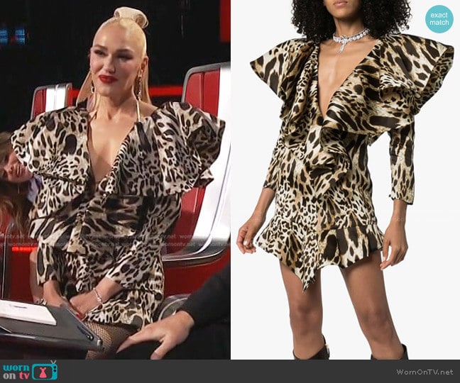 Alexandre Vauthier Animal-Print Ruffled Mini Dress worn by Gwen Stefani on The Voice