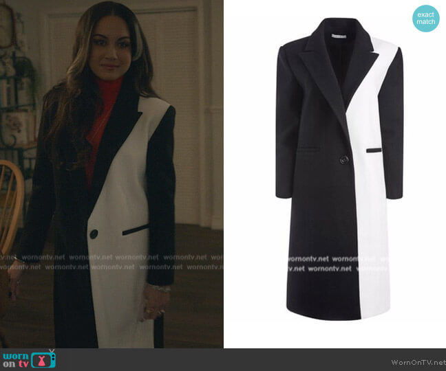 Alice + Olivia Nicola colour-block coat worn by Cindy Burman (Meg DeLacy) on Stargirl