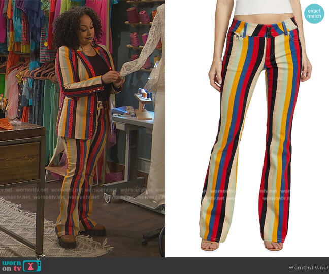 Alice + Olivia Stacey Striped Mid-Rise Bell Bottom Pants worn by Raven Baxter (Raven-Symoné) on Ravens Home