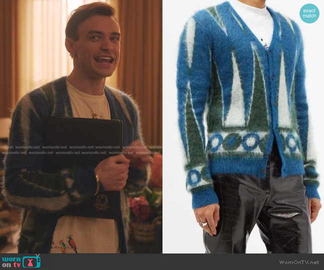 Amiri Backgammon-Jacquard Mohair-Blend Sweater worn by Maximus Wolfe (Thomas Doherty) on Gossip Girl