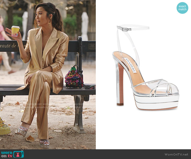 Aquazzura Lido Platform PVC Sandals worn by Mindy Chen (Ashley Park) on Emily in Paris