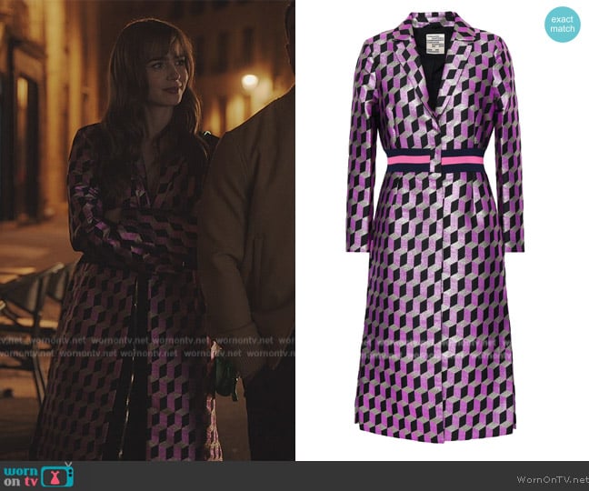 Baum Und Pferdgarten Metallic jacquard coat worn by Emily Cooper (Lily Collins) on Emily in Paris