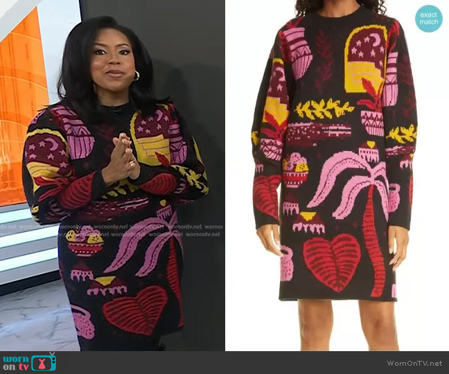 Farm Rio Black Tropical Magic Sweater Dress worn by Sheinelle Jones on Today