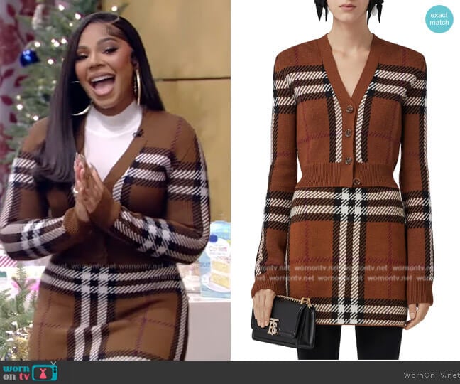 Burberry Keelan Check V-Neck Crop Wool Cardigan worn by Ashanti on Live with Kelly and Mark