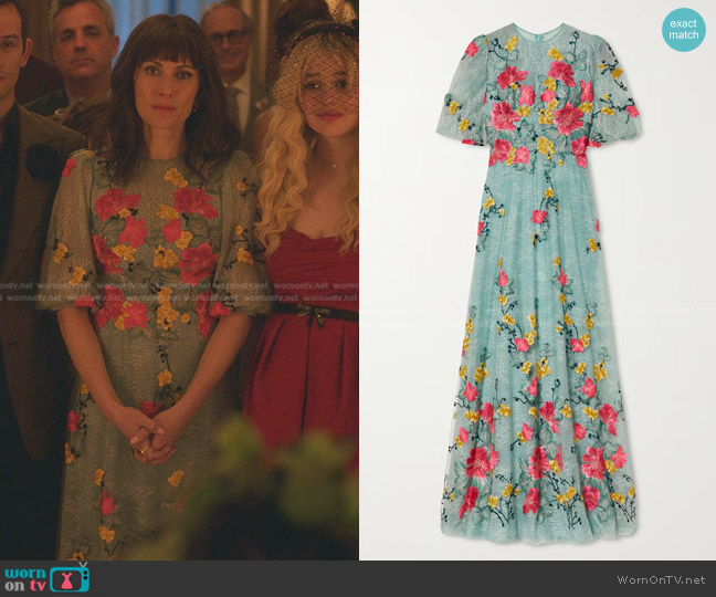 Costarellos Liana Embroidered Glittered Chantilly Lace and Tulle Gown worn by Katherine Hope (Laura Benanti) on Gossip Girl