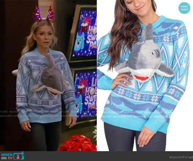 Ugly Christmas Sweater 3D Shark Plushie Ugly Christmas Sweater worn by Kelly Ripa on Live with Kelly and Mark