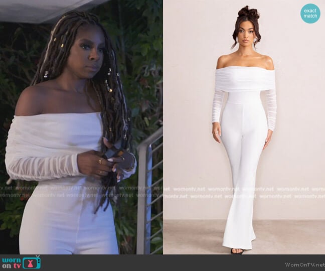 Club L White Ruched Mesh Bardot Jumpsuit worn by Candiace Dillard Bassett on The Real Housewives of Potomac