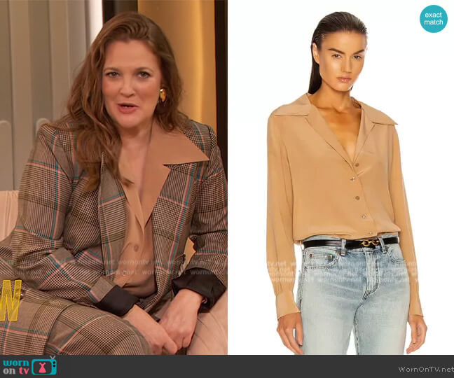 Saint Laurent Crepe De Chine Blouse worn by Drew Barrymore on The Drew Barrymore Show