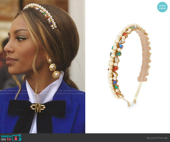 Deepa Gurnani Nieve Multicolor Crystal & Faux Pearl Metal Headband worn by Monet de Haan (Savannah Lee Smith) on Gossip Girl