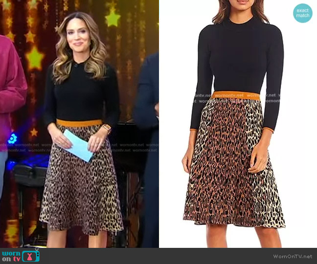 Eliza J Jacquard Leopard Mock Neck 3/4 Sleeve Knit Bodice Sweater Dress worn by Rhiannon Ally on Good Morning America