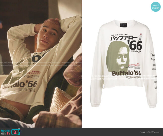 Enfants Riches Déprimés Buffalo ‘66-print Long-Sleeve Tee worn by  Akeno Menzies (Evan Mock) on Gossip Girl