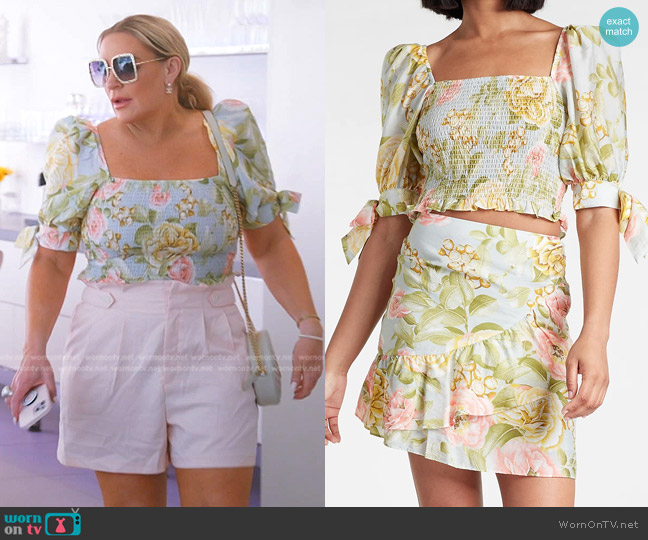 Express Floral Square Neck Smocked Top worn by Heather Gay on The Real Housewives of Salt Lake City