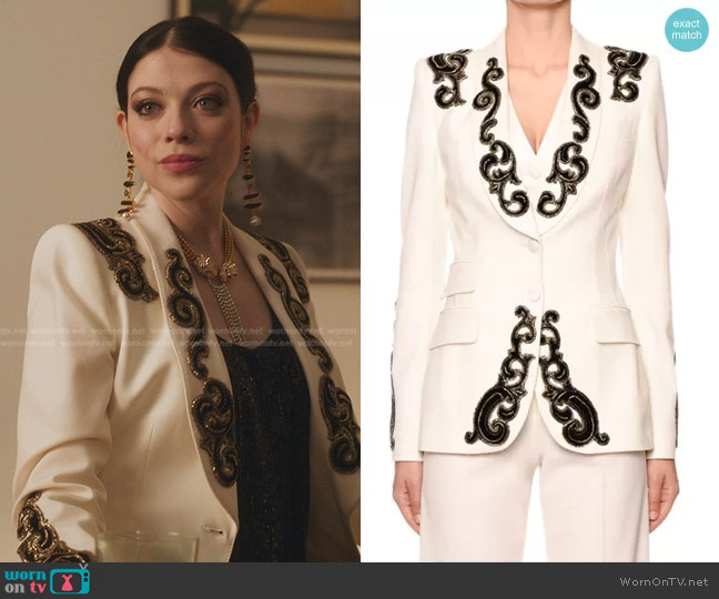 Dolce & Gabbana Filigree-Embroidered Single-Breasted Blazer Jacket worn by Georgina Sparks (Michelle Trachtenberg) on Gossip Girl