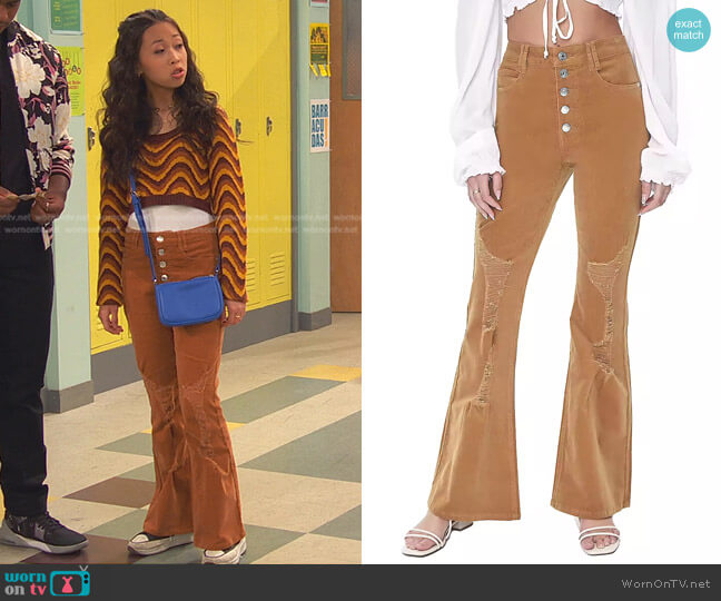 Forever 21 Juniors Button-Front Distressed Flare Corduroy Pant worn by Ivy (Emmy Liu-Wang) on Ravens Home