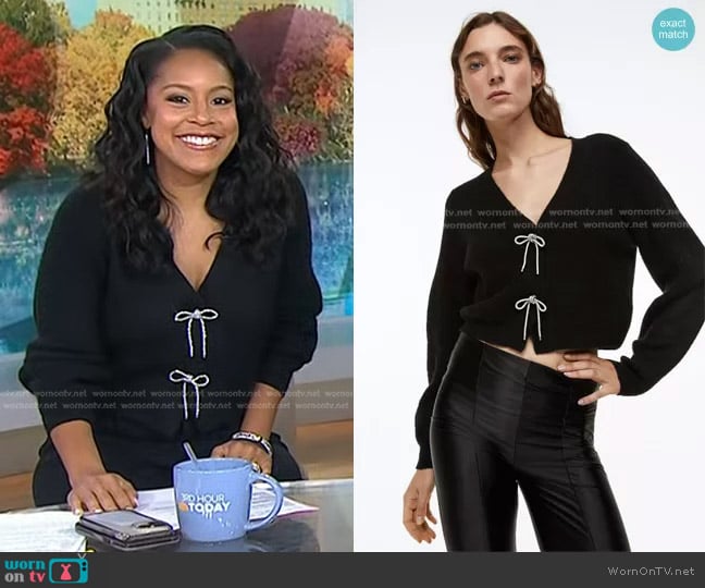 H&M Rhinestone-Bow Rib-Knit Cardigan worn by Sheinelle Jones on Today