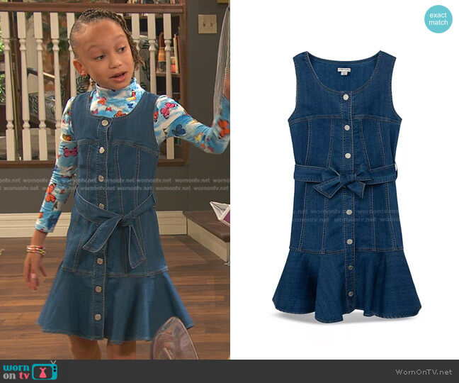 Habitual Kids Girls' Denim Flounce Dress worn by Alice Baxter (Mykal-Michelle Harris) on Ravens Home