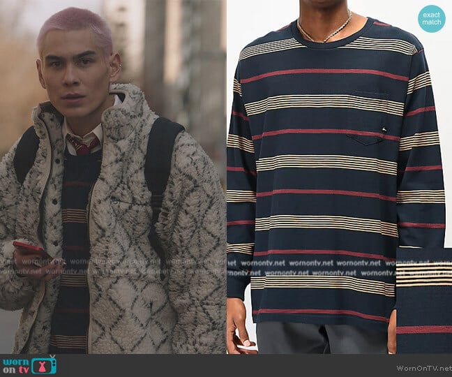 Imperial Motion Vintage Slub Navy Striped Knit Long Sleeve T-shirt worn by  Akeno Menzies (Evan Mock) on Gossip Girl