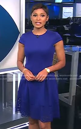 Jericka’s blue laser cut dress on CBS Evening News
