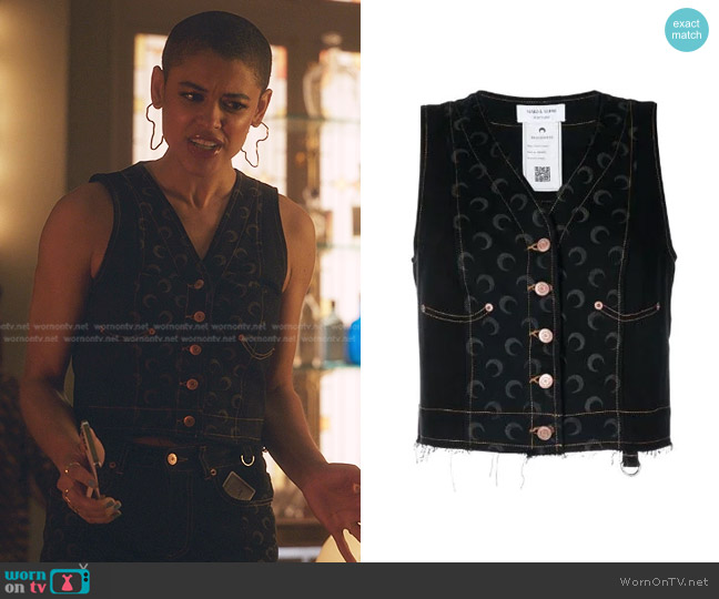 Marine Serre Crescent Moon-Print Patchwork Waistcoat worn by Julien Calloway (Jordan Alexander) on Gossip Girl