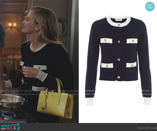 Miu Miu Two-tone Cashmere Cardigan worn by Camille (Camille Razat) on Emily in Paris