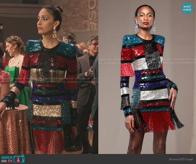 Naeem Khan Beaded Fringe Dress in Red/Multi worn by Luna La (Zión Moreno) on Gossip Girl