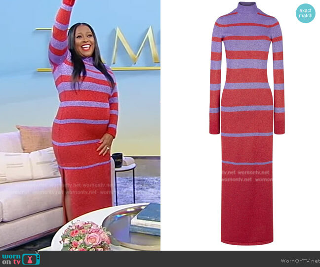 Paco Rabanne Metallic Stripe Knit High-Neck Maxi Dress worn by Keshia Knight on Tamron Hall Show