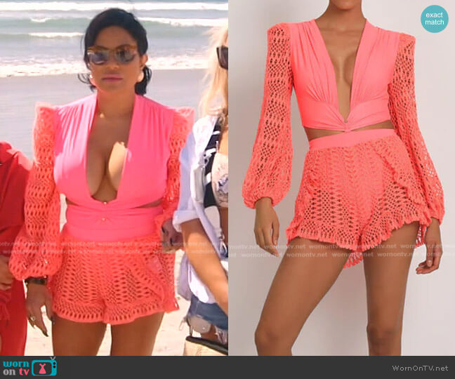 PatBO Crochet Sleeve Bodysuit worn by Jen Shah on The Real Housewives of Salt Lake City