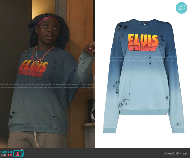Elvis-Print Distressed-Effect Sweatshirt R13 worn by Shan  on Gossip Girl