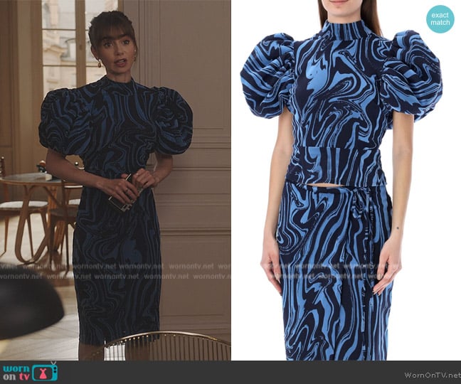 Rotate Puff Sleeved Dusk Top worn by Emily Cooper (Lily Collins) on Emily in Paris