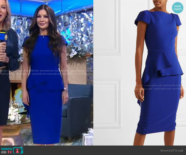 Roland Mouret Aldingham Asymmetric Crepe Peplum Dress in Blue worn by Catherine Zeta-Jones on Good Morning America