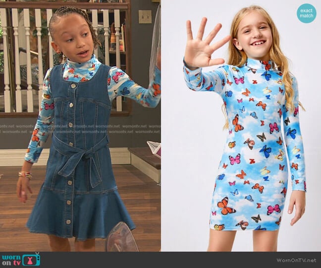 Shein Girls Mock-Neck Butterfly Print Tie Dye Dress worn by Alice Baxter (Mykal-Michelle Harris) on Ravens Home