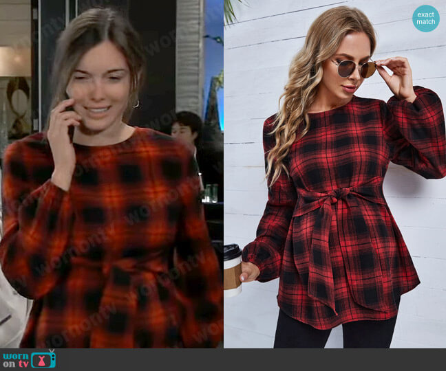 Shein Maternity Tartan Print Knot Front Lantern Sleeve Blouse worn by Willow Tait (Katelyn MacMullen) on General Hospital