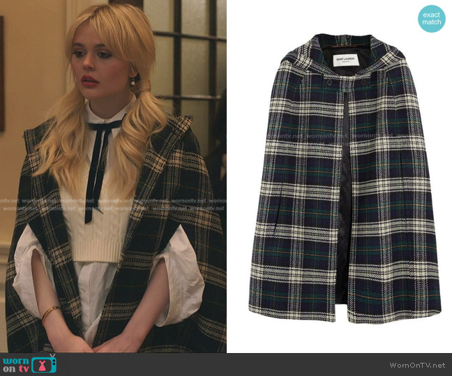 Saint Laurent Hooded Tartan Wool Cape worn by Audrey Hope (Emily Alyn Lind) on Gossip Girl