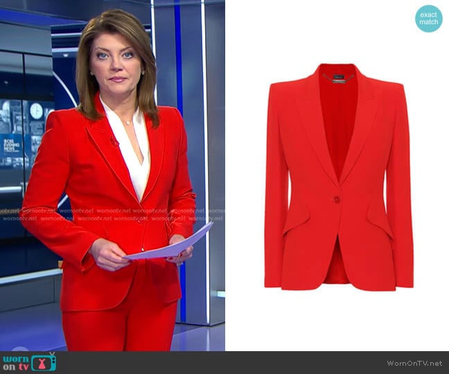 Alexander McQueen Single-Breasted Crepe Blazer worn by Norah O'Donnell on CBS Evening News