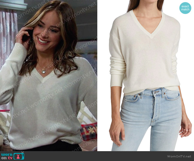 Theory Easy V-Neck Cashmere Sweater in Ivory worn by Stephanie Johnson (Abigail Klein) on Days of our Lives