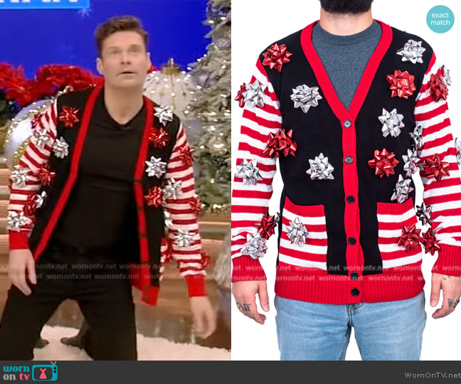 Ugly Christmas Sweater Wrapping Bow Cardigan worn by Ryan Seacrest on Live with Kelly and Mark
