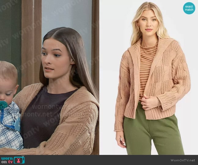 Universal Thread Open Layering Cardigan in Tan worn by Esme (Avery Kristen Pohl) on General Hospital