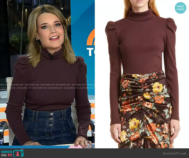 Veronica Beard Cedar Puff Sleeve Turtleneck Rib Top worn by Savannah Guthrie on Today