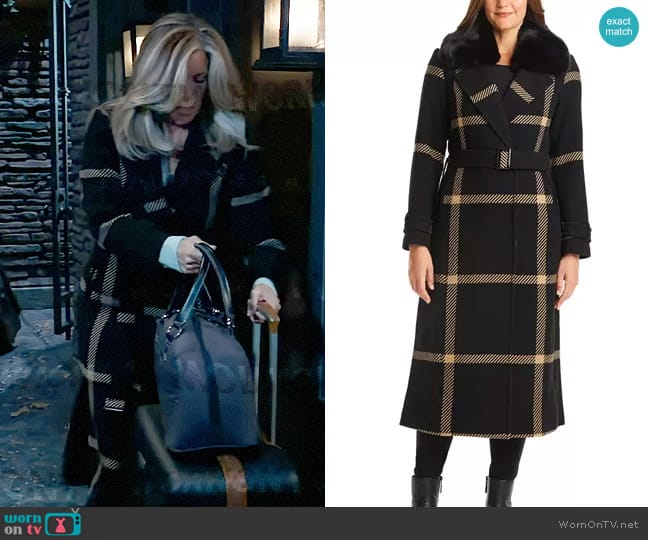 Vince Camuto Faux-Fur-Collar Plaid Maxi Wrap Coat in Black worn by Carly Spencer (Laura Wright) on General Hospital