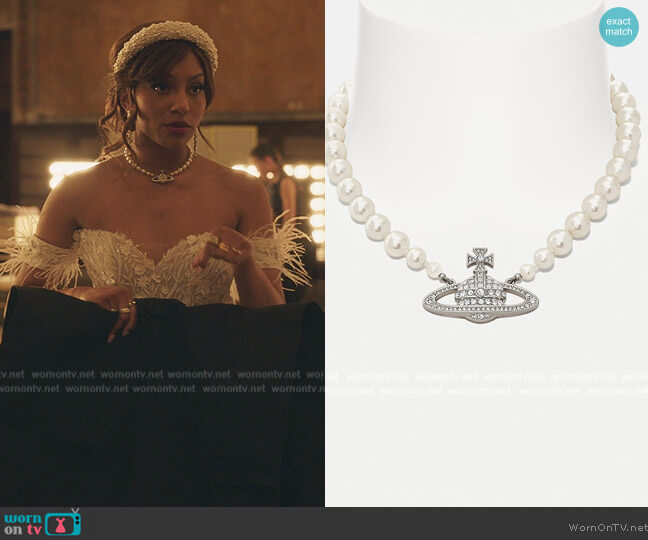 Vivienne Westwood One Row Pearl Bas Relief Choker worn by Monet de Haan (Savannah Lee Smith) on Gossip Girl