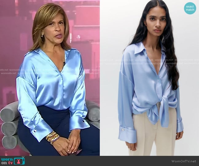 Zara Buttoned Satin Effect Shirt in Sky Blue worn by Hoda Kotb on Today