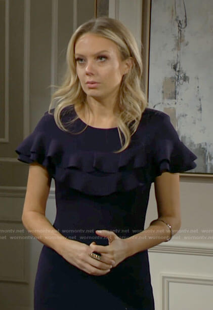 Abby’s navy ruffled dress on The Young and the Restless