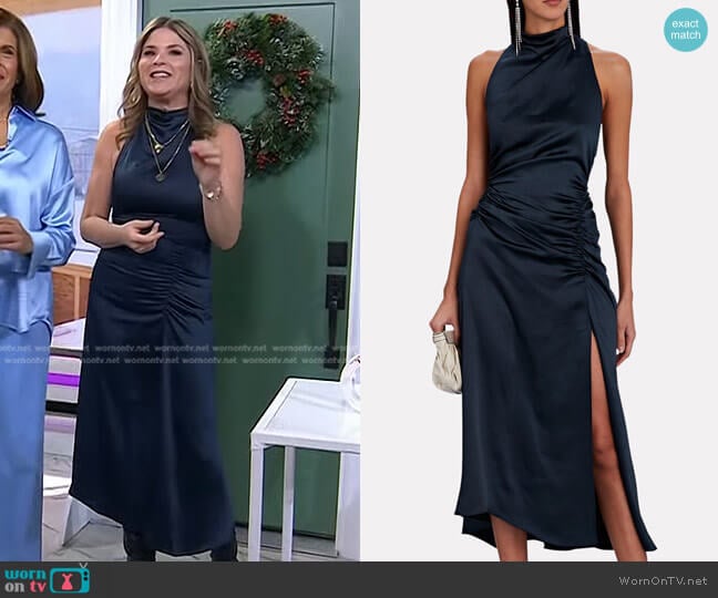 A.L.C. Inez Ruched Satin Midi Dress worn by Jenna Bush Hager on Today