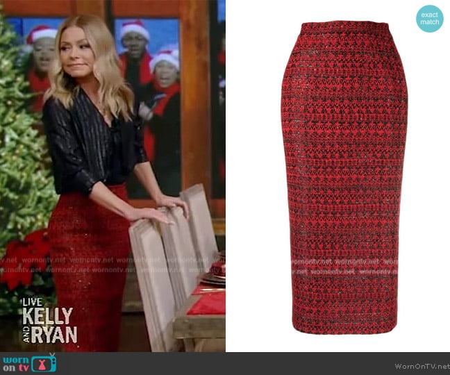 Alessandra Rich Sequined Tweed Midi Skirt worn by Kelly Ripa on Live with Kelly and Mark