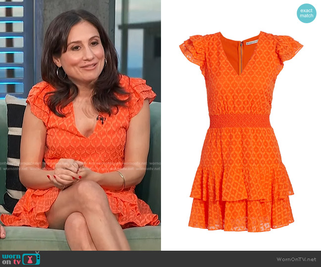 Alice + Olivia Markita Ruffled Silk Minidress worn by Lucy Devito on Access Hollywood