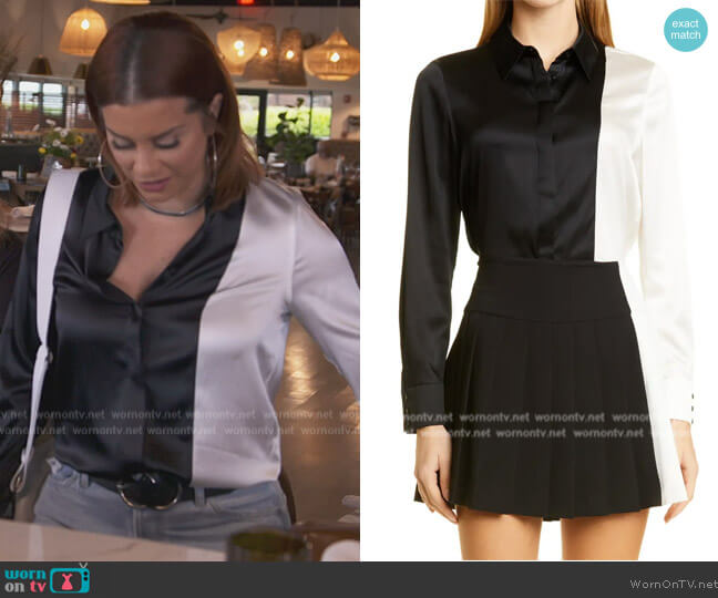 Alice + Olivia Willa Colorblock Hidden Placket Stretch Silk Top worn by Robyn Dixon on The Real Housewives of Potomac
